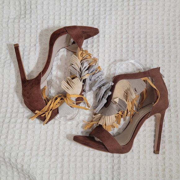 Zara Fringe Tassel‎ Brown Multicolor Suede Stiletto Heel Sandals Size EU 38 7.5 - Picture 2 of 16